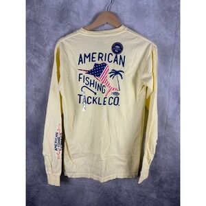 AFTCO Mens Long Sleeve Pocket T-Shirt Yellow Marlin American Flag Graphic Small